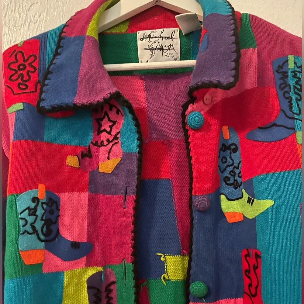 MICHAIL SIMONS VINTAGE COWBOY BOOTS SWEATER - Picture 2 of 7